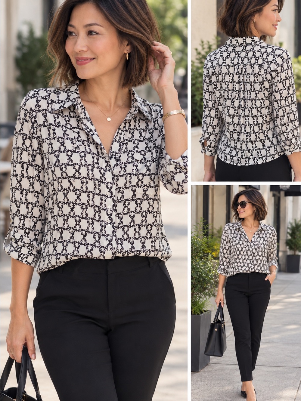 The Limited Ashton Black & white Printed Button-Front Blouse L